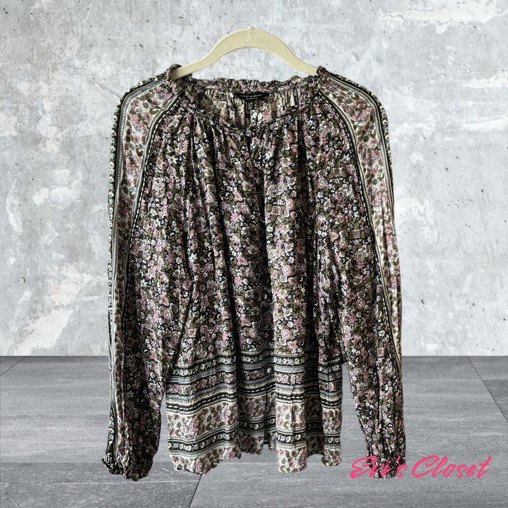 Lucky Brand Floral Colorful Button Down Boho Blouse L Round Neck Long Sleeves